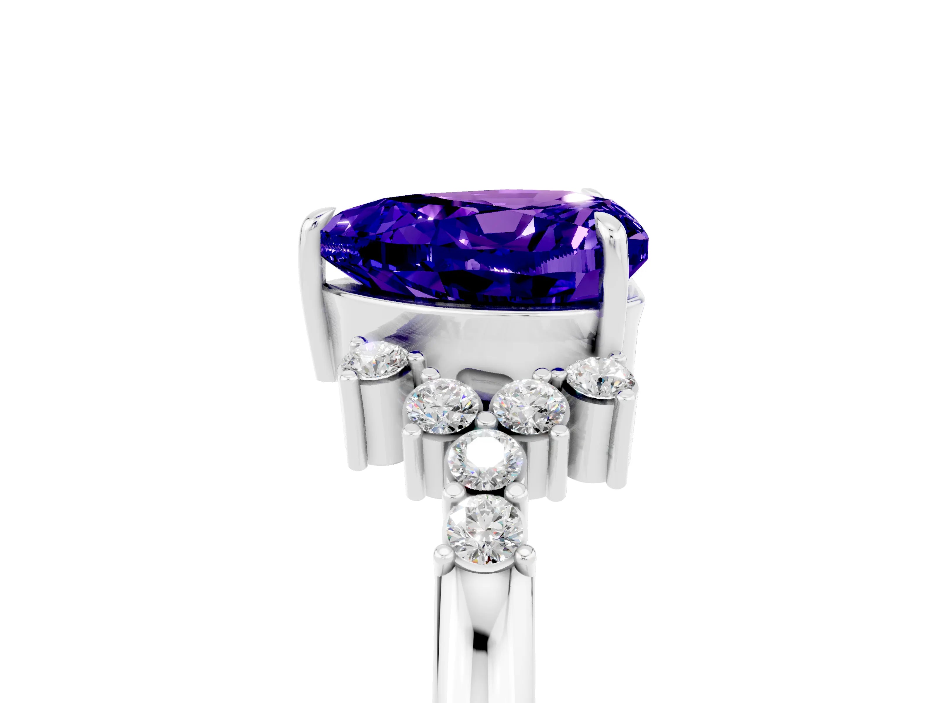 White gold Heart Cut Tanzanite Ring with Side Stones and Four-Prong Setting_42