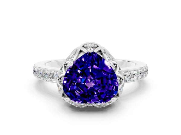 White gold Heart Cut Tanzanite Scalloped Halo Engagement Ring with Round Shared Prong Band