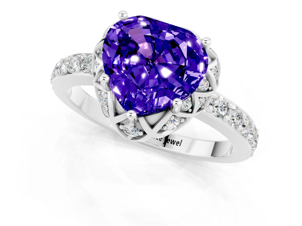 Silver Heart Cut Tanzanite Scalloped Halo Engagement Ring with Round Shared Prong Band