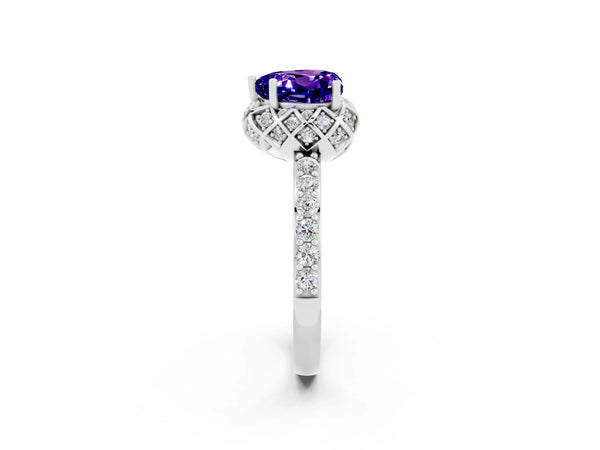 Silver Heart Cut Tanzanite Scalloped Halo Engagement Ring with Round Shared Prong Band