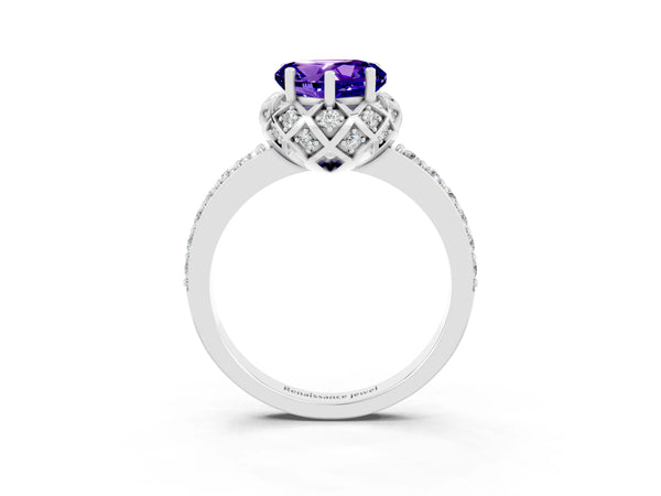 Silver Heart Cut Tanzanite Scalloped Halo Engagement Ring with Round Shared Prong Band