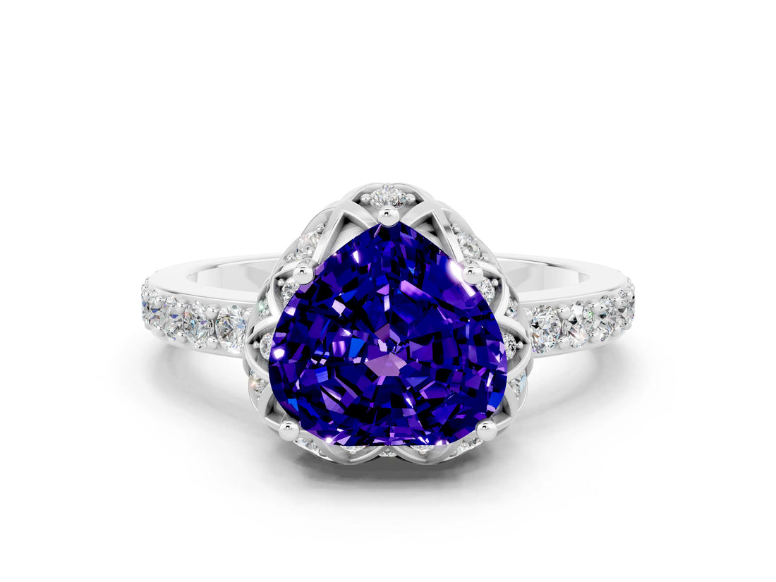 White gold Heart Cut Tanzanite Scalloped Halo Engagement Ring with Round Shared Prong Band_24