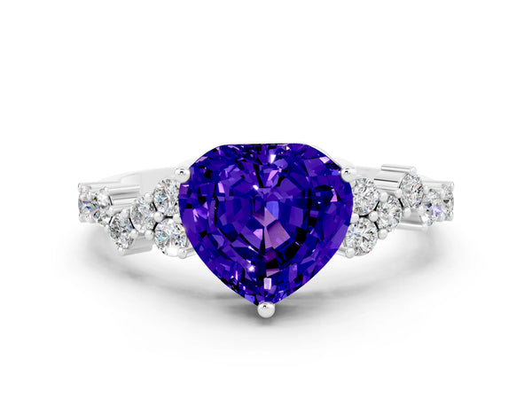 White gold Heart Cut Tanzanite Scattered Round Accent Ring with Prong Setting