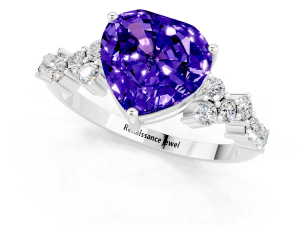 White gold Heart Cut Tanzanite Scattered Round Accent Ring with Prong Setting