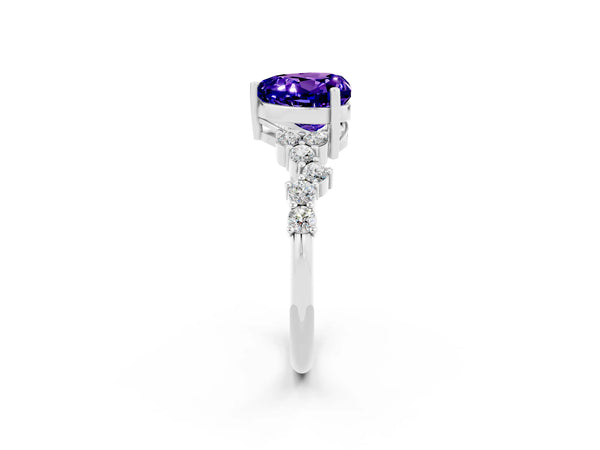 White gold Heart Cut Tanzanite Scattered Round Accent Ring with Prong Setting