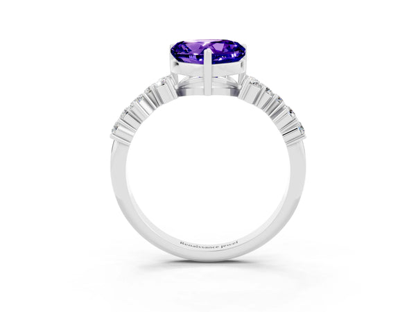 White gold Heart Cut Tanzanite Scattered Round Accent Ring with Prong Setting
