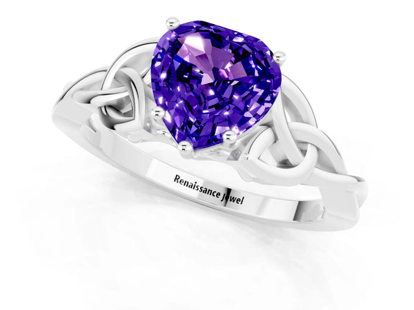 Platinum Heart Cut Tanzanite Solitaire Celtic Knot Ring with Four-Prong Setting