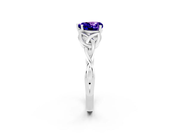 White gold Heart Cut Tanzanite Solitaire Celtic Knot Ring with Four-Prong Setting