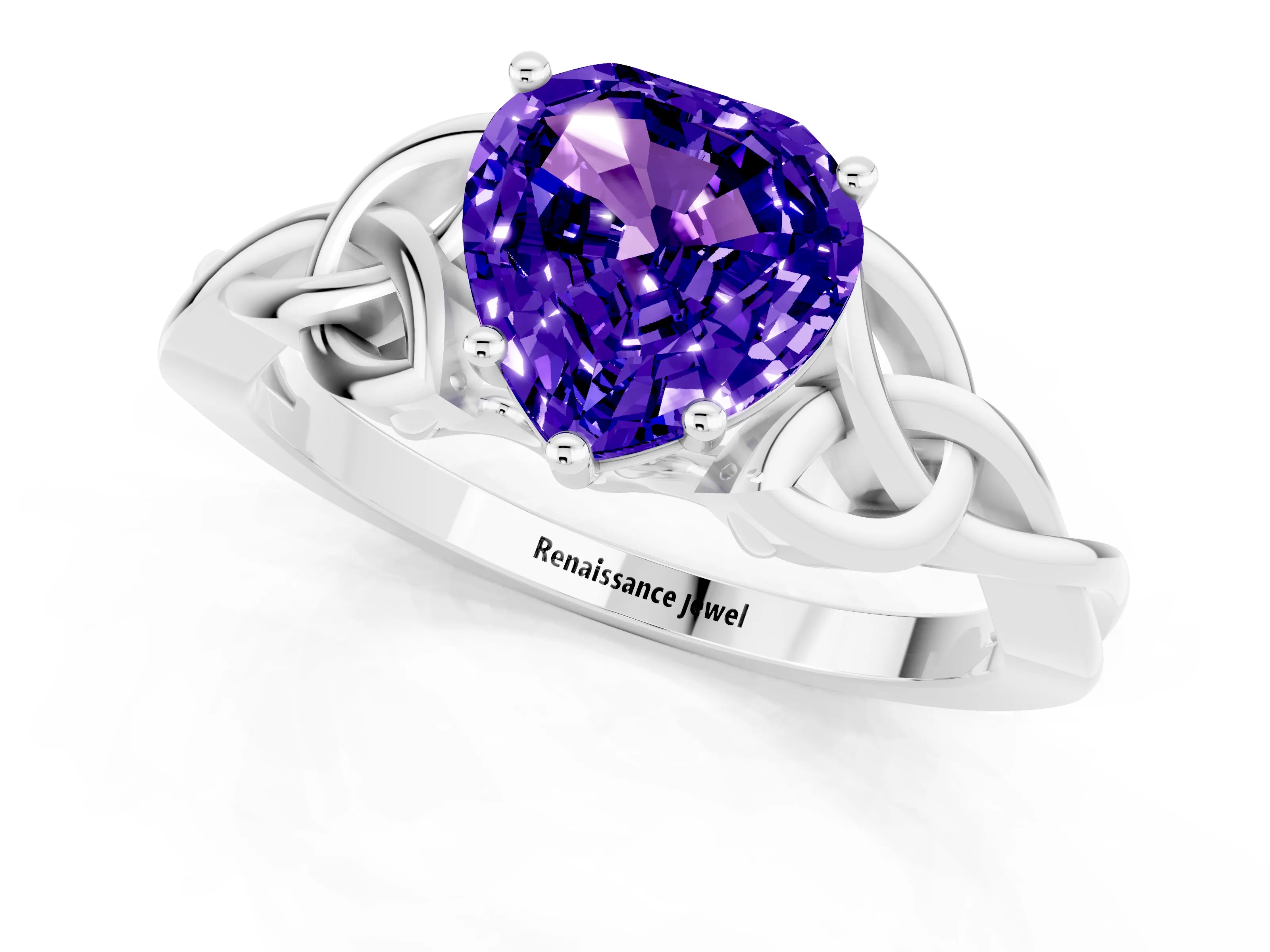 White gold Heart Cut Tanzanite Solitaire Engagement Ring with Celtic Knot Band and Four-Prong Setting_1