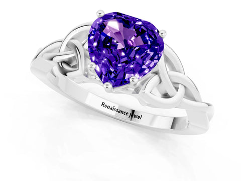 White gold Heart Cut Tanzanite Solitaire Engagement Ring with Celtic Knot Band and Four-Prong Setting_1