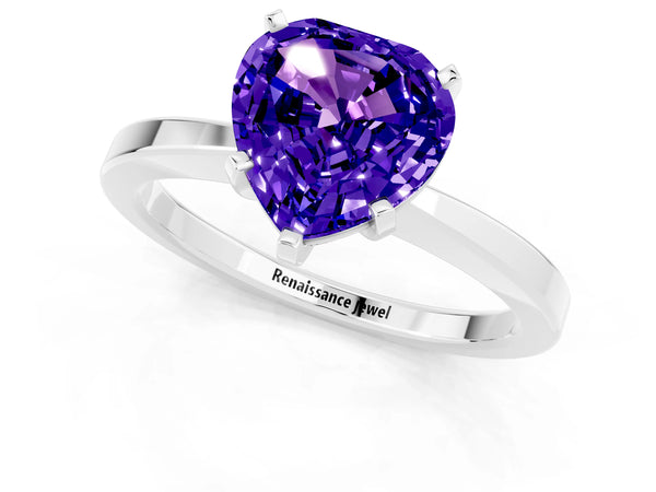 Silver Heart Cut Tanzanite Solitaire Engagement Ring with Classic Band and Four-Prong Setting
