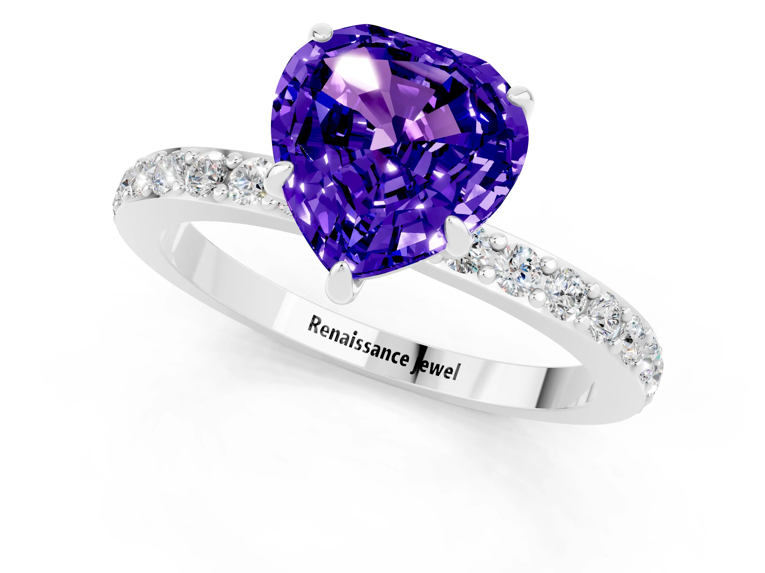 White gold Heart Cut Tanzanite Solitaire Engagement Ring with Pavé Band and Four-Prong Setting_1