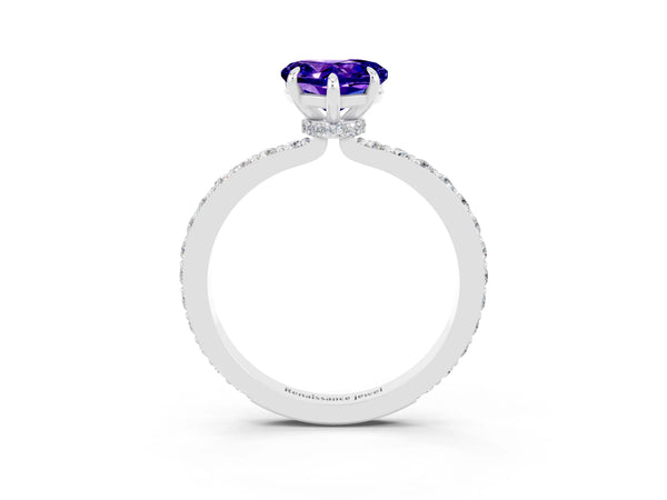 Silver Heart Cut Tanzanite Solitaire Engagement Ring with Pavé Band and Four-Prong Setting