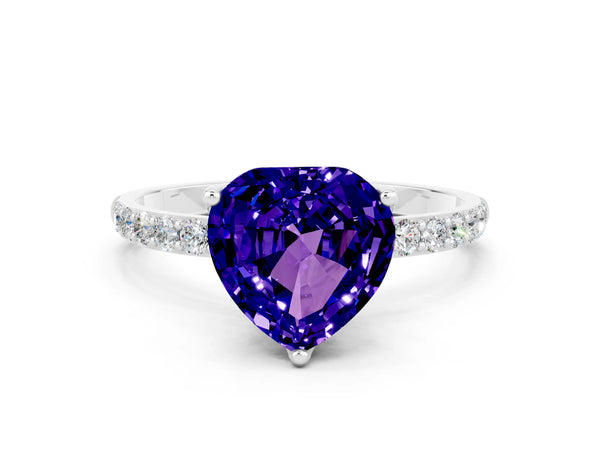 Platinum Heart Cut Tanzanite Solitaire Engagement Ring with Round  Pavé Band and Prong Setting