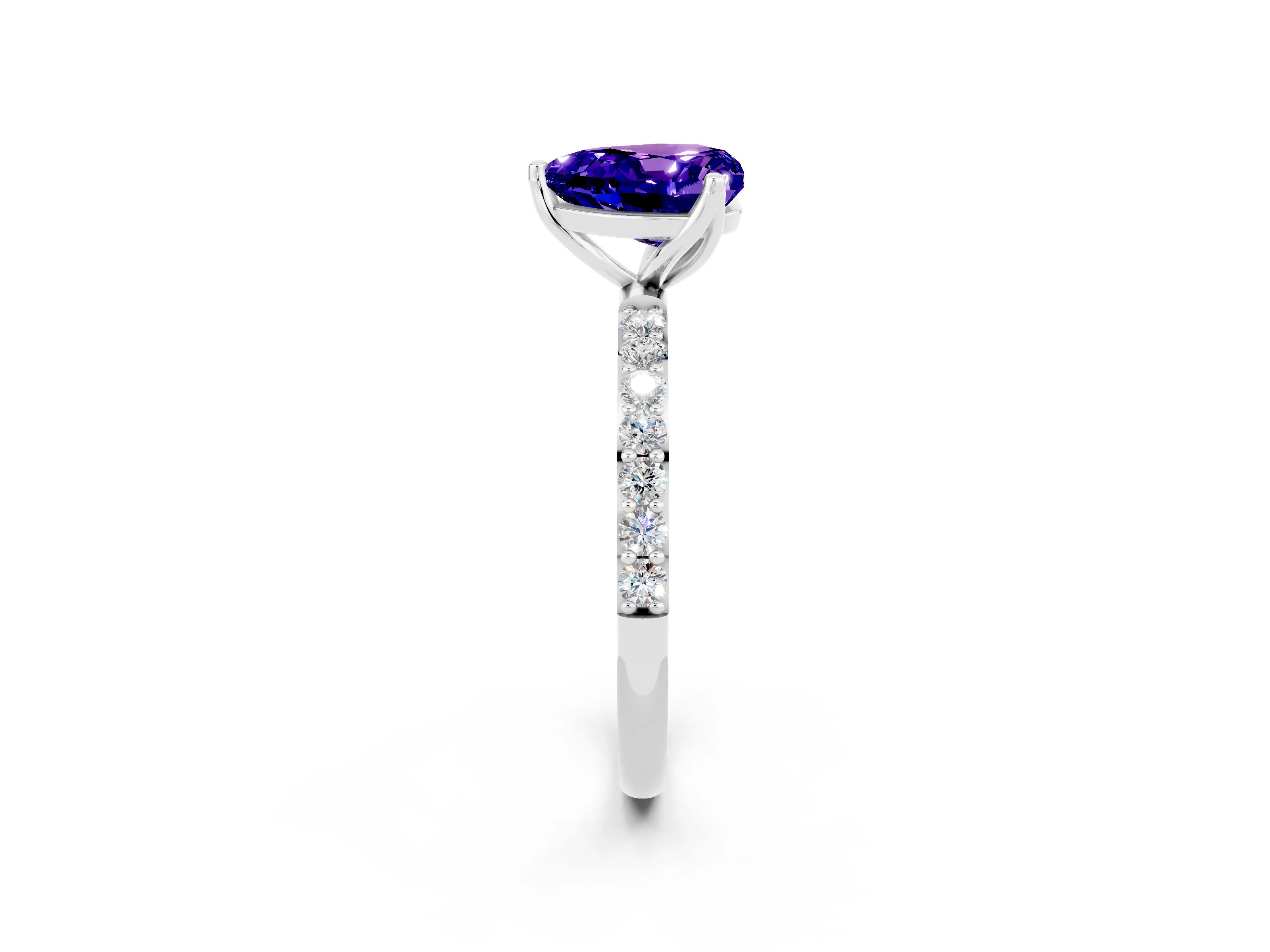 White gold Heart Cut Tanzanite Solitaire Engagement Ring with Pavé Band and Prong Setting_2