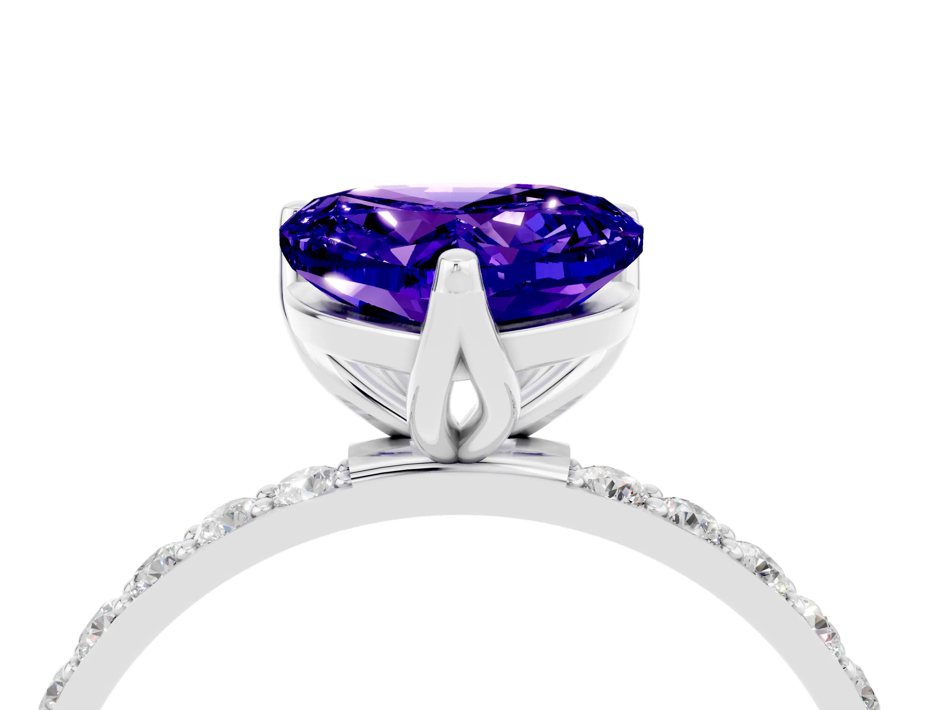 White gold Heart Cut Tanzanite Solitaire Engagement Ring with Pavé Band and Prong Setting_4