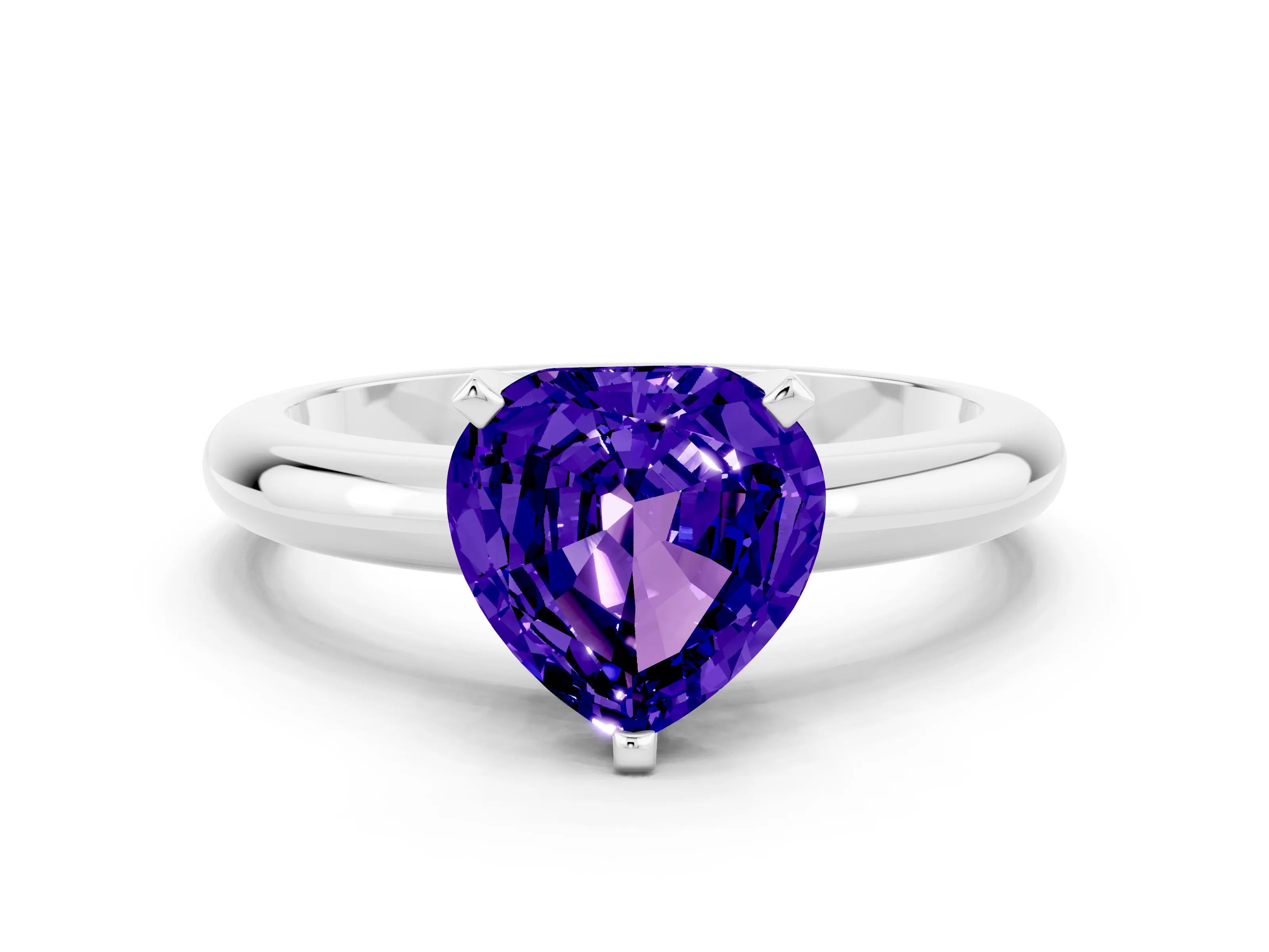 White gold Heart Cut Tanzanite Solitaire Engagement Ring with Round Band and Four-Prong Setting
