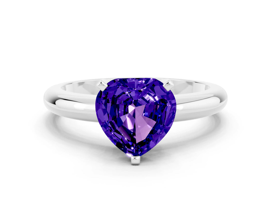 White gold Heart Cut Tanzanite Solitaire Engagement Ring with Round Band and Four-Prong Setting