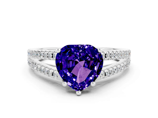 White gold Heart Cut Tanzanite Solitaire Engagement Ring with Split Shank Pavé Band
