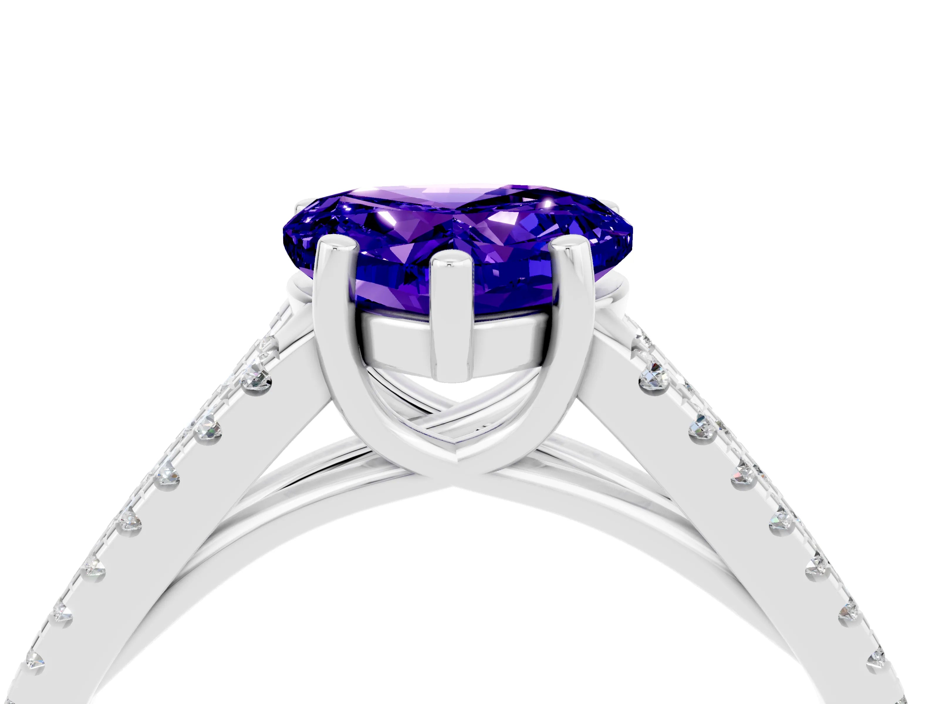 White gold Heart Cut Tanzanite Solitaire Engagement Ring with Split Shank Pavé Band_4