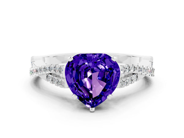 Platinum Heart Cut Tanzanite Solitaire Engagement Ring with Twisted Pavé Band and Four-Prong Setting