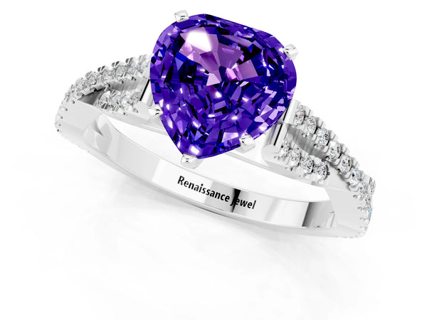 Silver Heart Cut Tanzanite Solitaire Engagement Ring with Twisted Pavé Band and Four-Prong Setting