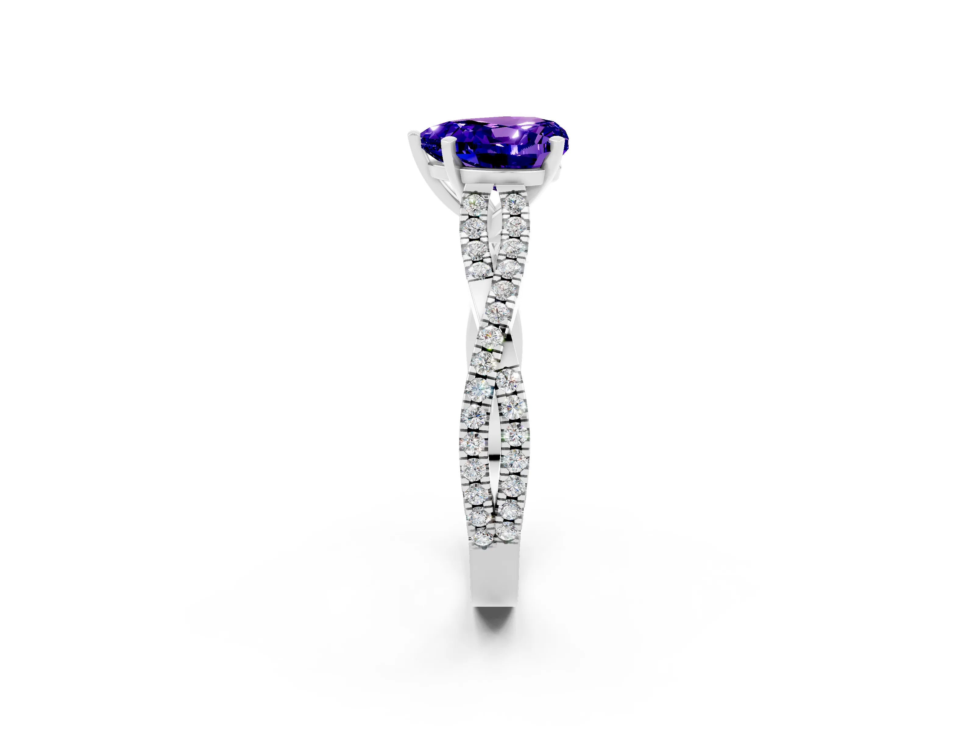 White gold Heart Cut Tanzanite Solitaire Engagement Ring with Twisted Pavé Band and Four-Prong Setting_14