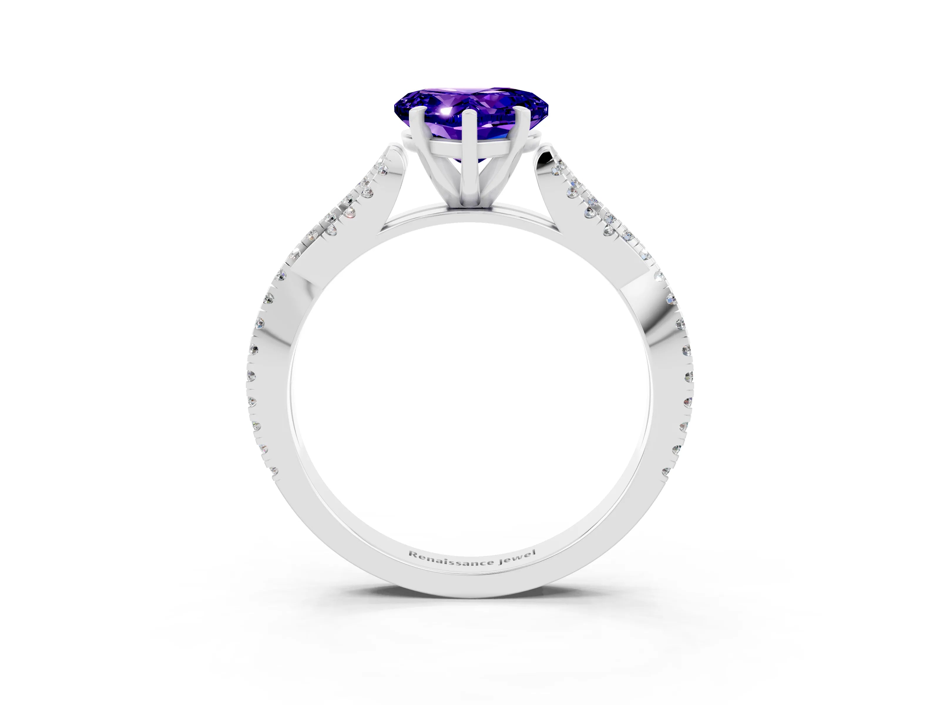 White gold Heart Cut Tanzanite Solitaire Engagement Ring with Twisted Pavé Band and Four-Prong Setting_15
