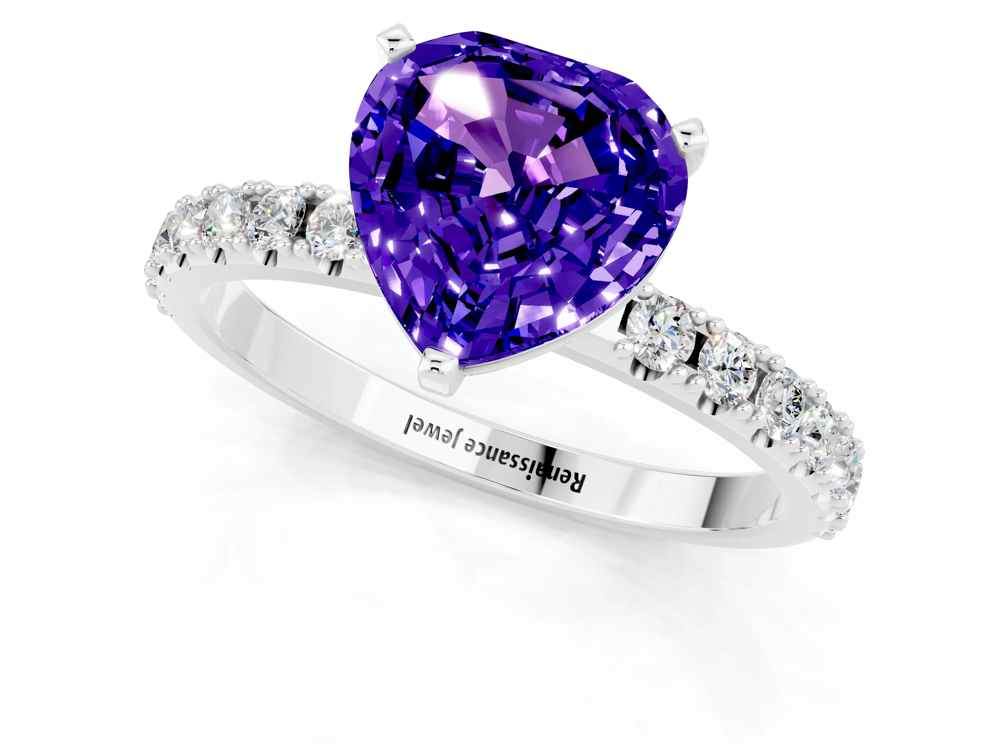 White gold Heart Cut Tanzanite Solitaire Pavé Band with Four-Prong Setting_1
