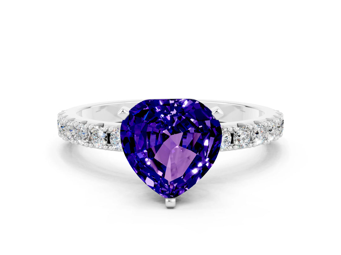 White gold Heart Cut Tanzanite Solitaire Pavé Band with Four-Prong Setting