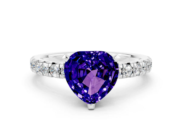Silver Heart Cut Tanzanite Solitaire Pavé Engagement Ring with Round Band and Prong Setting