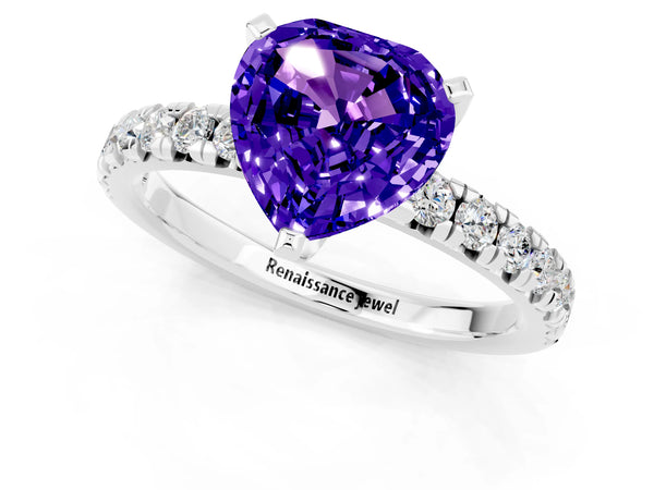 Platinum Heart Cut Tanzanite Solitaire Pavé Engagement Ring with Round Band and Prong Setting