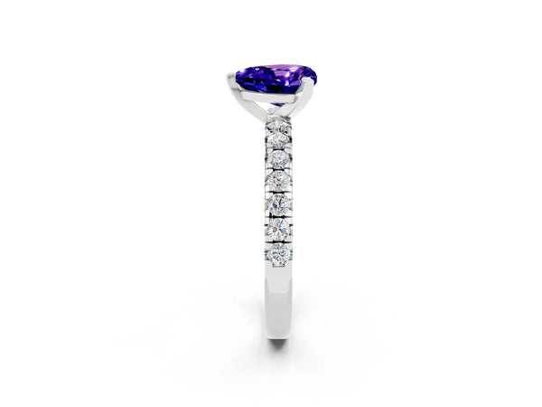 Platinum Heart Cut Tanzanite Solitaire Pavé Engagement Ring with Round Band and Prong Setting