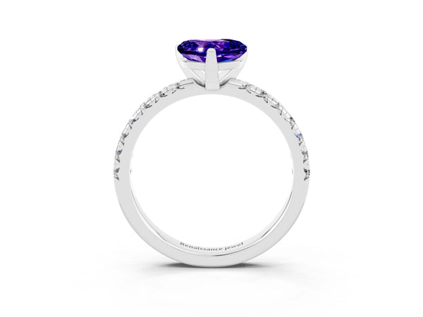 White gold Heart Cut Tanzanite Solitaire Pavé Engagement Ring with Round Band and Prong Setting