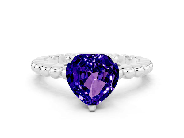 White gold Heart Cut Tanzanite Solitaire Ring with Beaded Band and Prong Setting