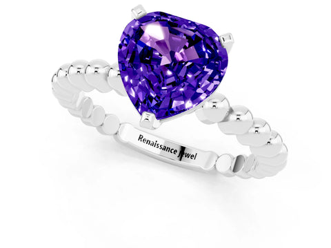 White gold Heart Cut Tanzanite Solitaire Ring with Beaded Band and Prong Setting_13