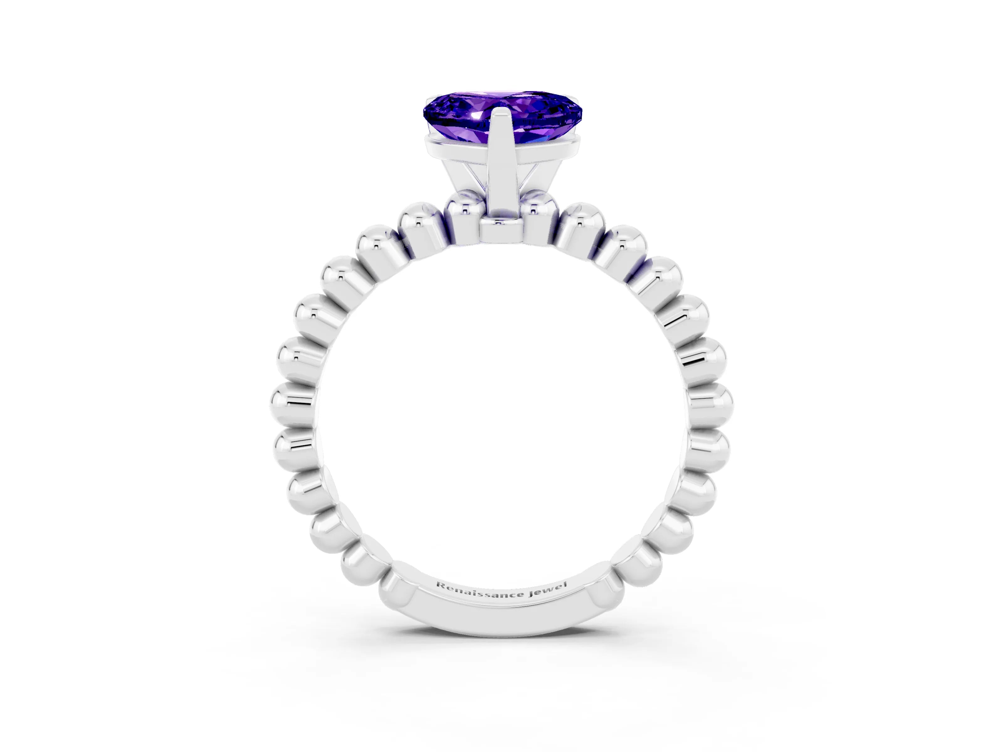 White gold Heart Cut Tanzanite Solitaire Ring with Beaded Band and Prong Setting_15