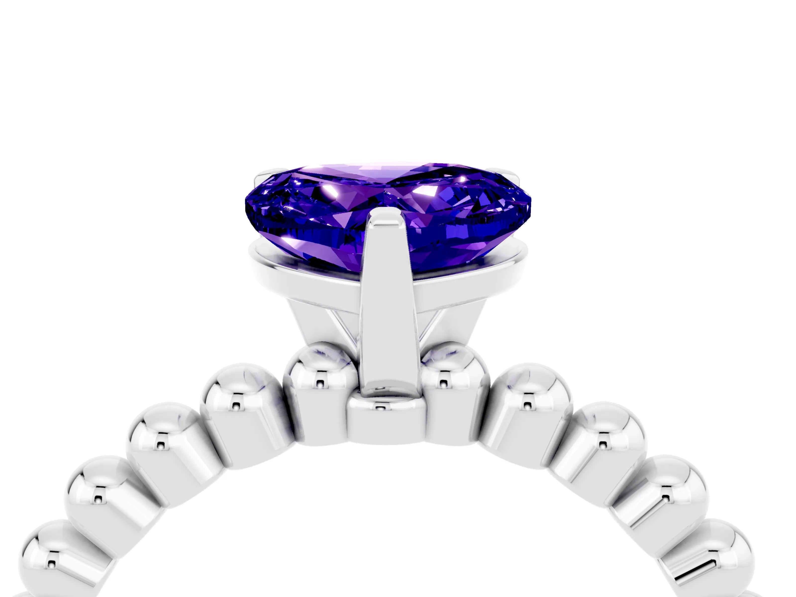 White gold Heart Cut Tanzanite Solitaire Ring with Beaded Band and Prong Setting_16
