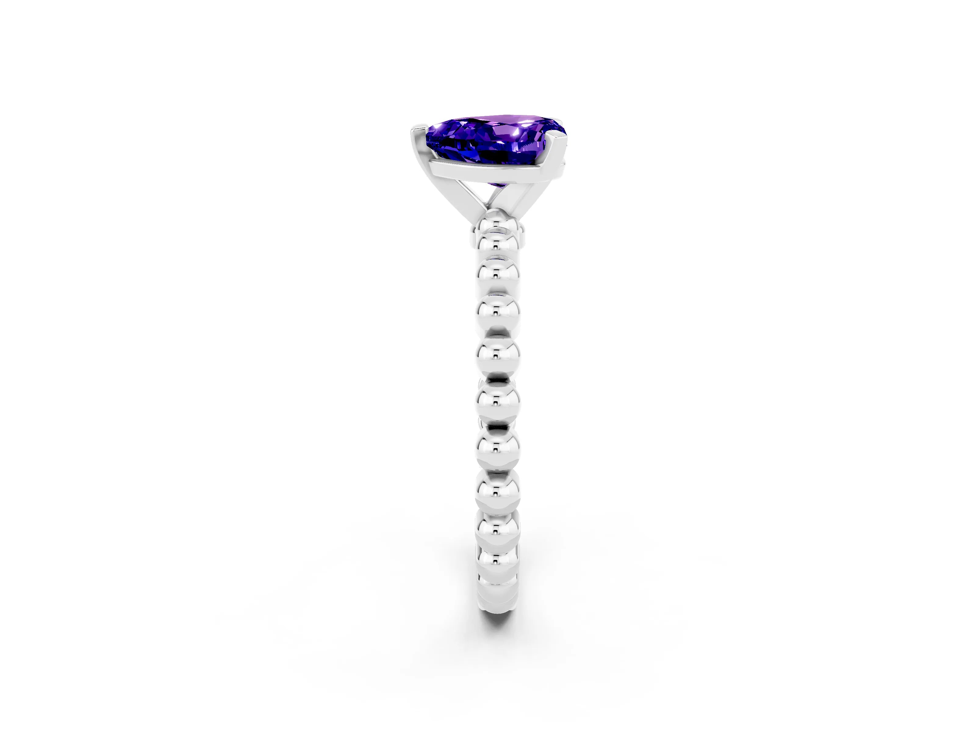 White gold Heart Cut Tanzanite Solitaire Ring with Beaded Band and Prong Setting_2