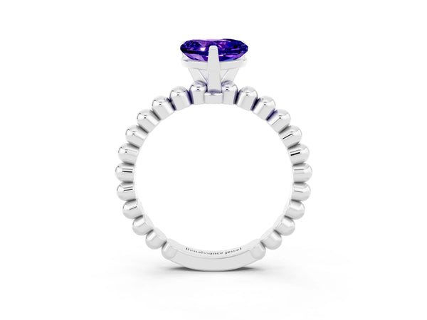 Platinum Heart Cut Tanzanite Solitaire Ring with Beaded Band and Prong Setting