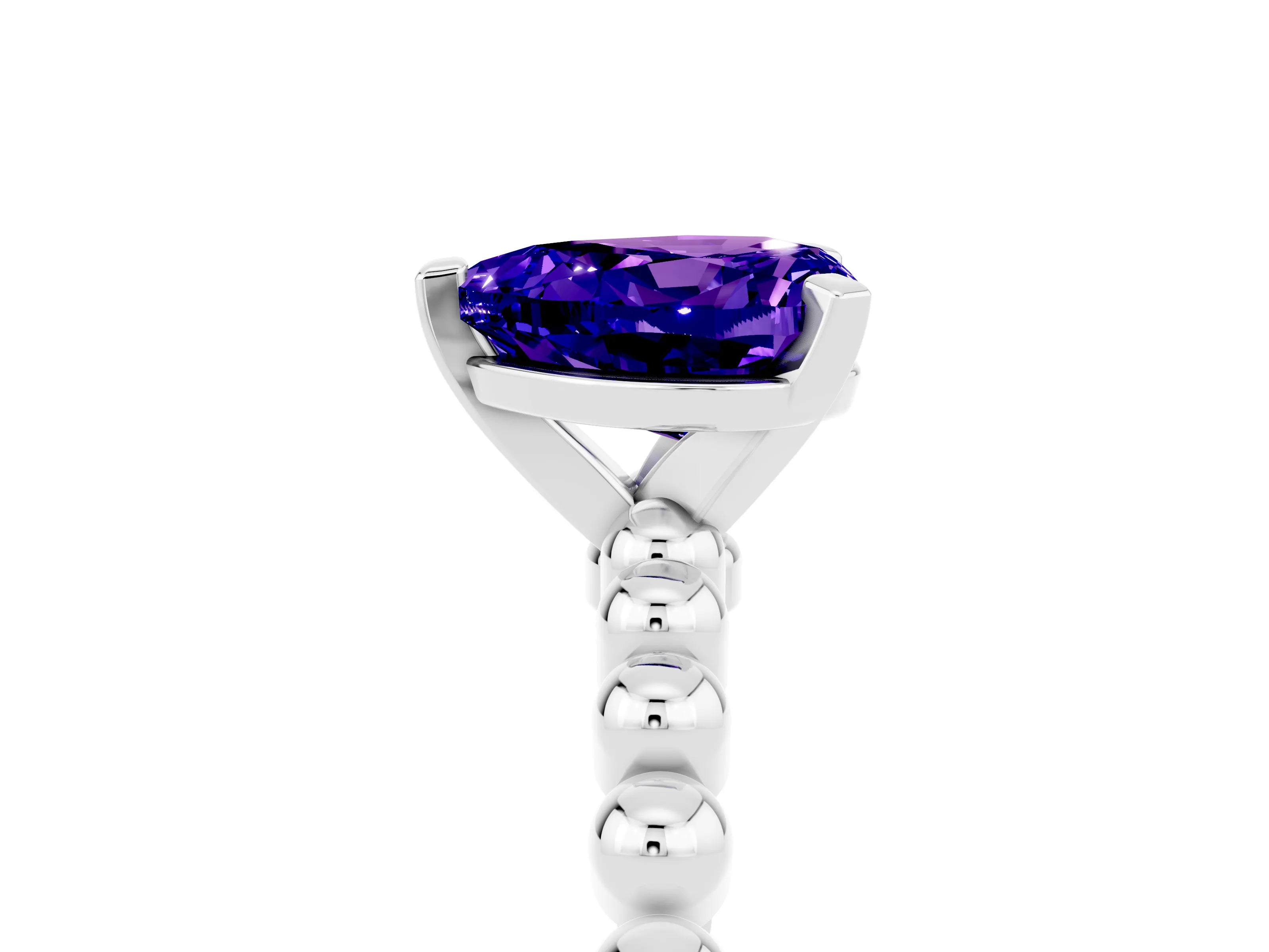White gold Heart Cut Tanzanite Solitaire Ring with Beaded Band and Prong Setting_5