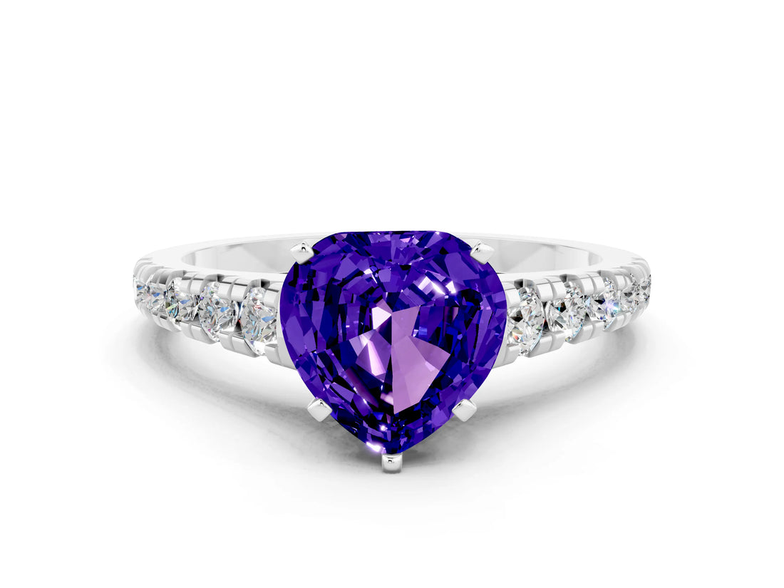 White gold Heart Cut Tanzanite Solitaire Ring with Cathedral Setting and Pavé Band