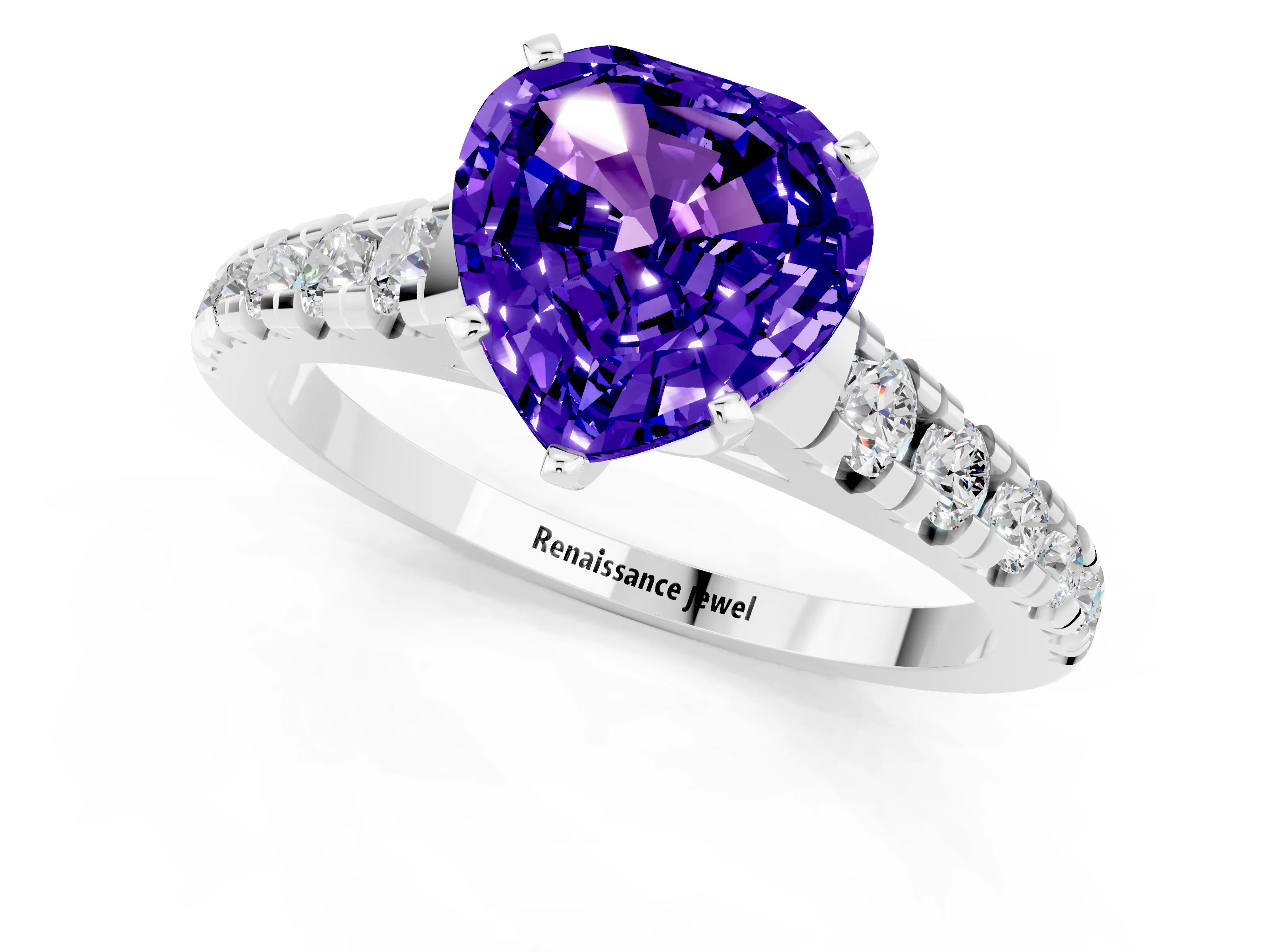 White gold Heart Cut Tanzanite Solitaire Ring with Cathedral Setting and Pavé Band_1