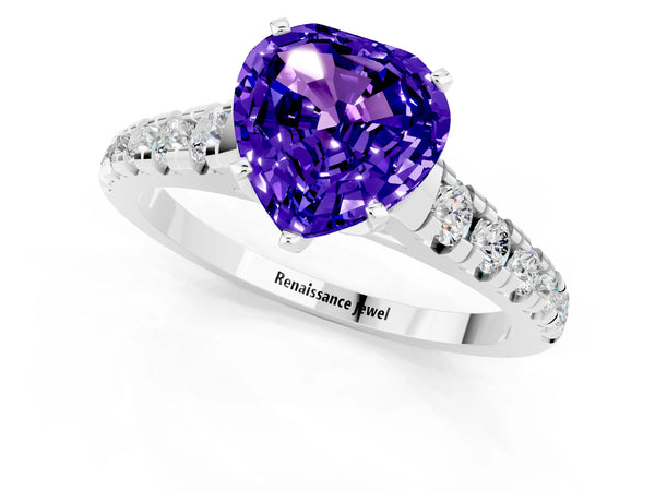 White gold Heart Cut Tanzanite Cathedral Solitaire Ring with Round  Pavé Band