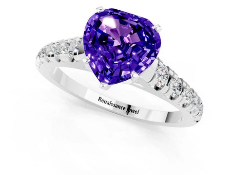 White gold Heart Cut Tanzanite Solitaire Ring with Cathedral Setting and Pavé Band_1