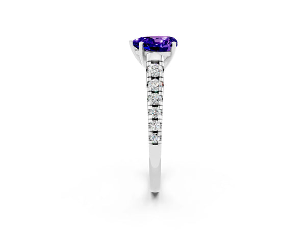 White gold Heart Cut Tanzanite Cathedral Solitaire Ring with Round  Pavé Band