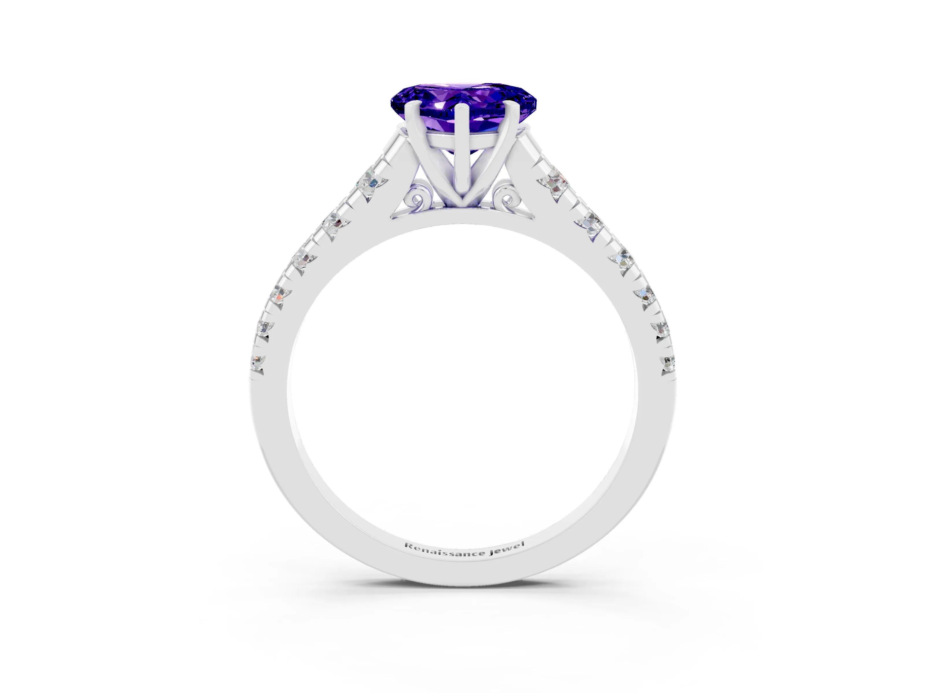 White gold Heart Cut Tanzanite Solitaire Ring with Cathedral Setting and Pavé Band_3