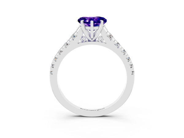 Platinum Heart Cut Tanzanite Cathedral Solitaire Ring with Round  Pavé Band