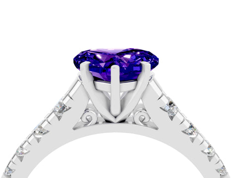 White gold Heart Cut Tanzanite Solitaire Ring with Cathedral Setting and Pavé Band_4