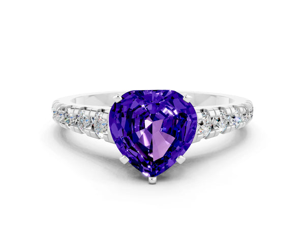 White gold Heart Cut Tanzanite Cathedral Solitaire Ring with Round  Pavé Band